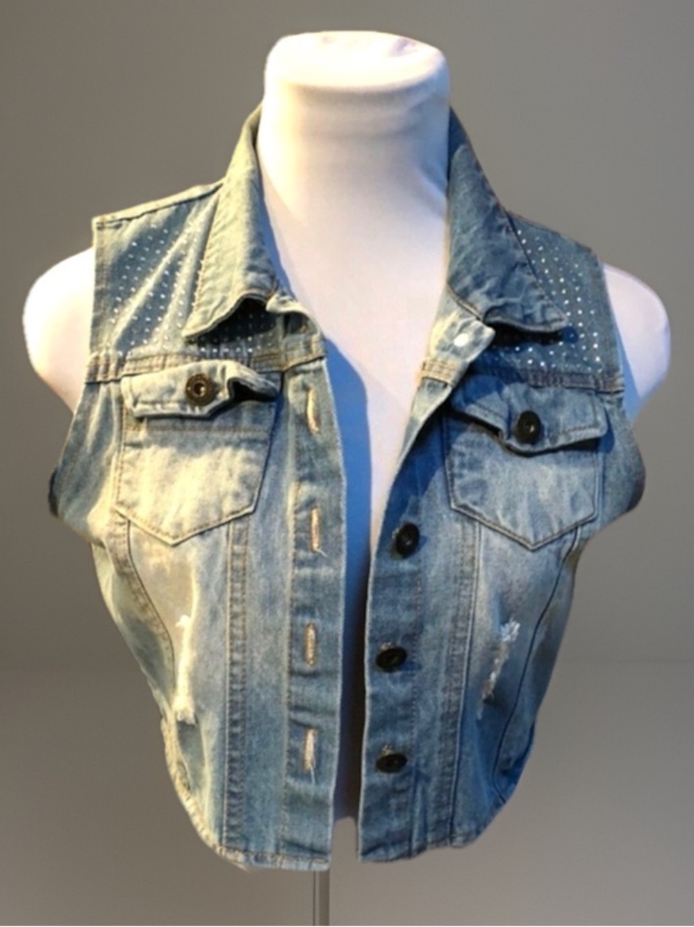 Light Blue Destroyed Cropped Jean Vest Top